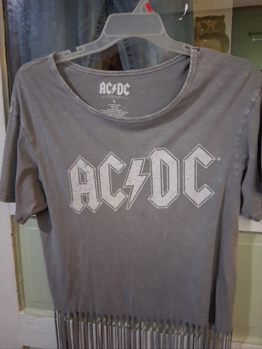 AC/DC Womens Gray Tee with White Logo and Fringe